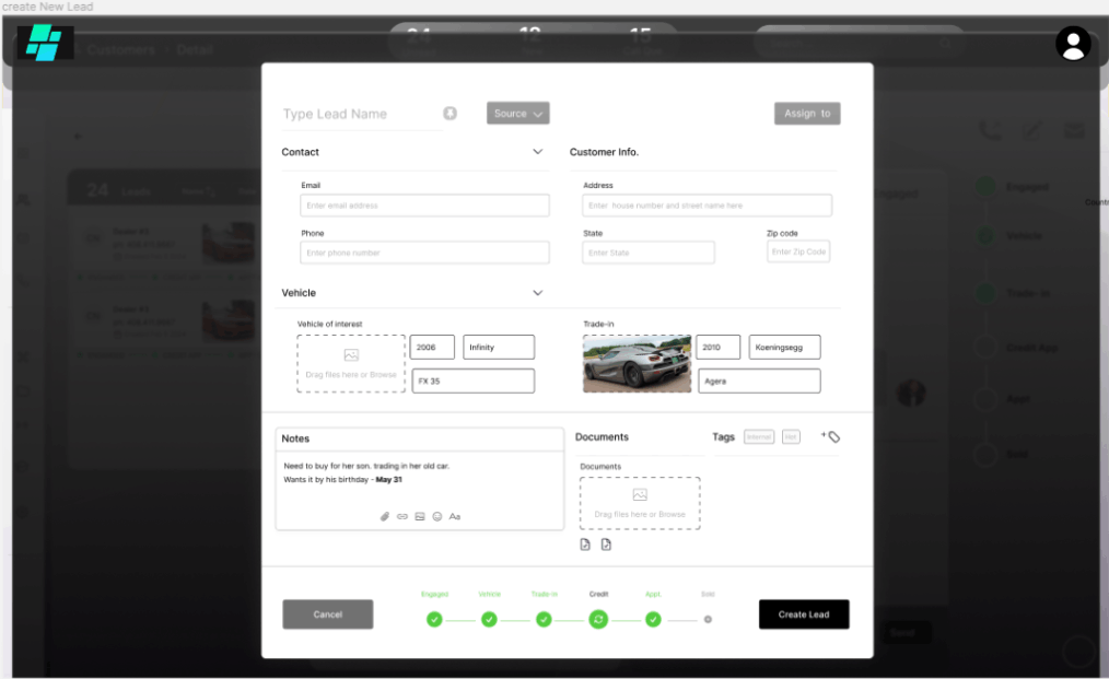 Wireframe UX CRM add New Lead